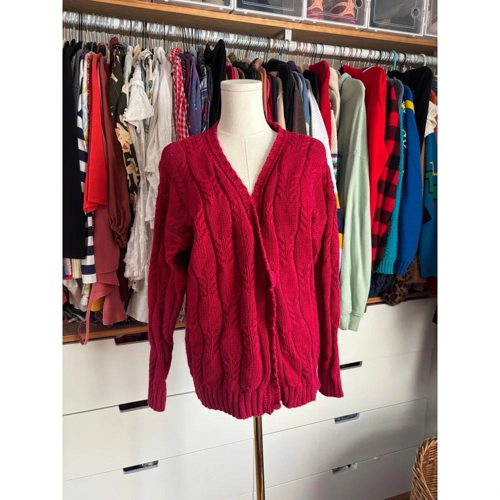 Woods & Gray Cardigan Womens Medium Pink Cable Knit Ramie Cotton Vintage Sweater